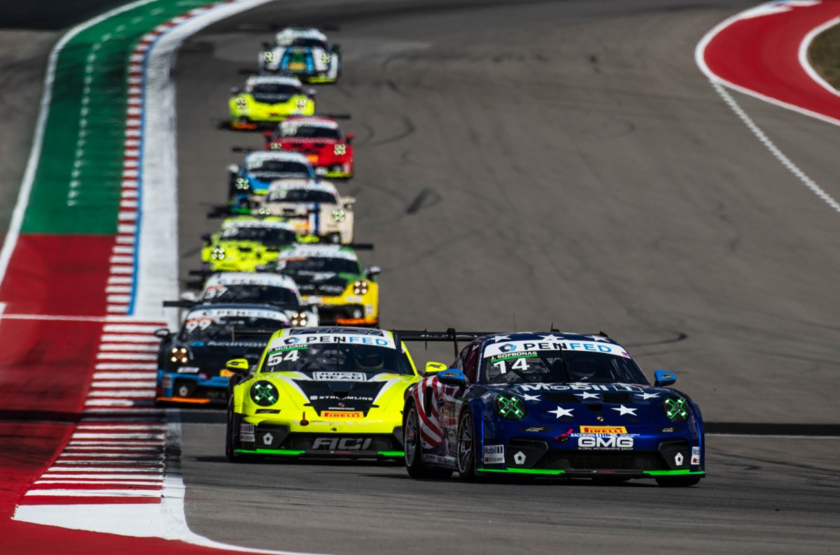 The No. 14 Mobil 1/GMG Racing Porsche alongside the No. 54 at the head of a line of Carrera Cup cars