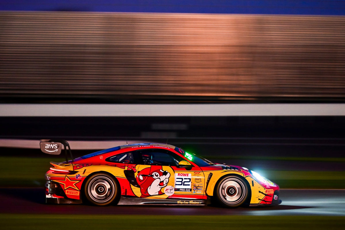 The No. 32 GMG Racing Porsche 911 GT3 R Evo at night in the Indianapolis 8 Hour
