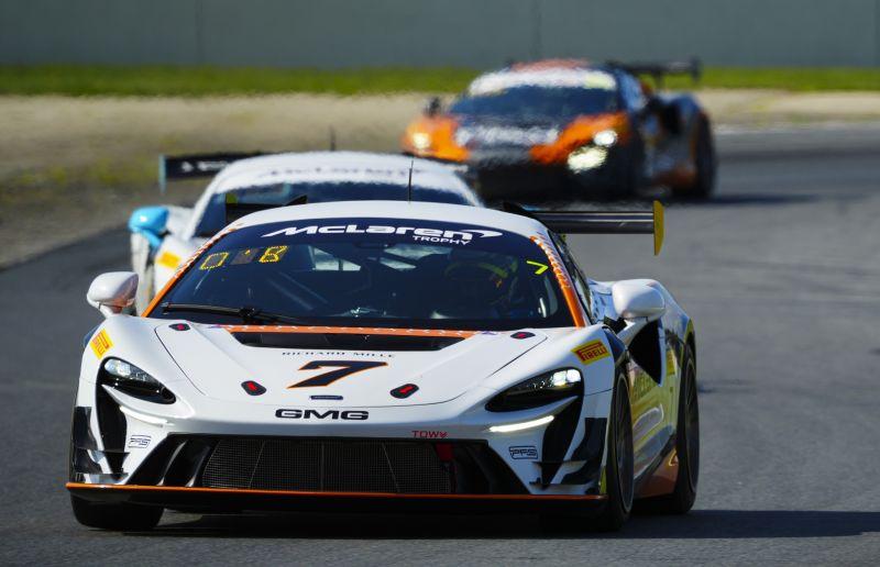 The No. 7 GMG Racing McLaren Artura Trophy Evo leading a train of McLarens at Road America