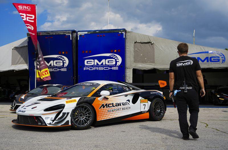 The No. 7 GMG Racing McLaren Artura Trophy Evo in the Road America paddock